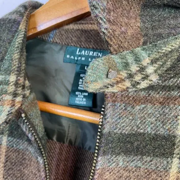 Vintage Lauren Ralph Lauren Wool Plaid Front Zip Jacket Shacket Shirt Womens L - Picture 10 of 11